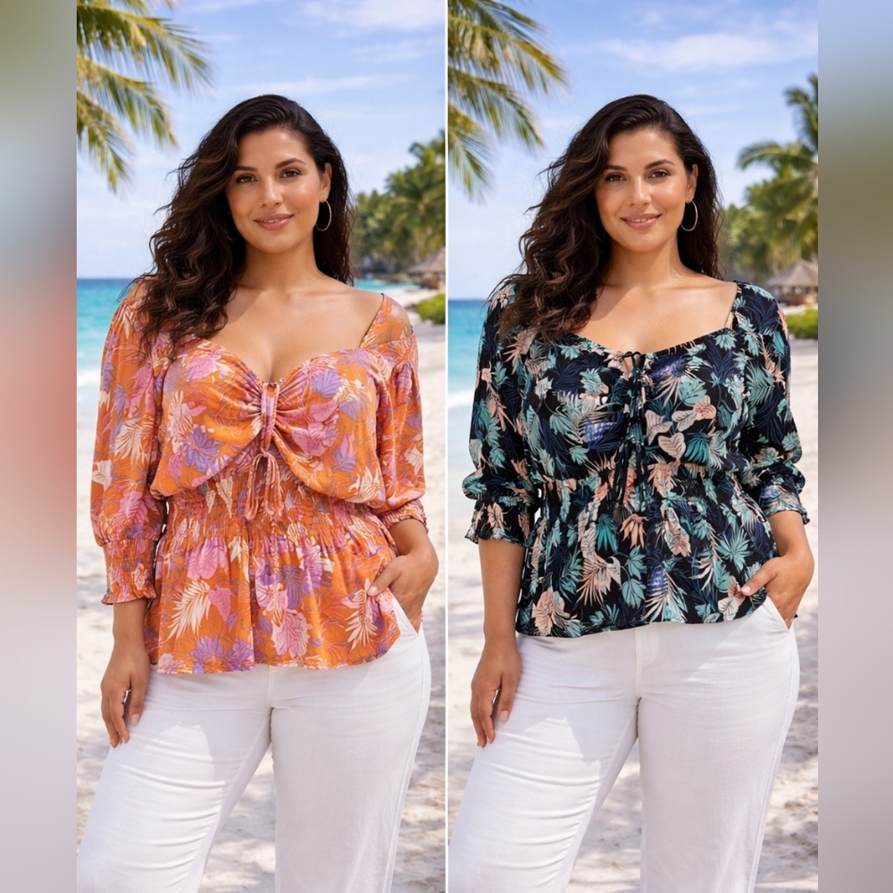 BLUE New Floral Peasant Blouse